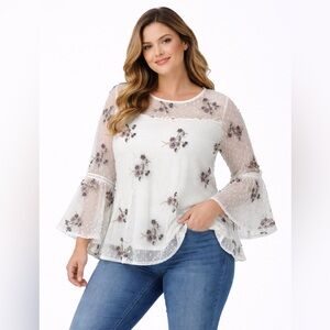 Fyve Women’s 3X Embroider  Lace Top Blouse  3/4 Bell Sleeve Spring Summer